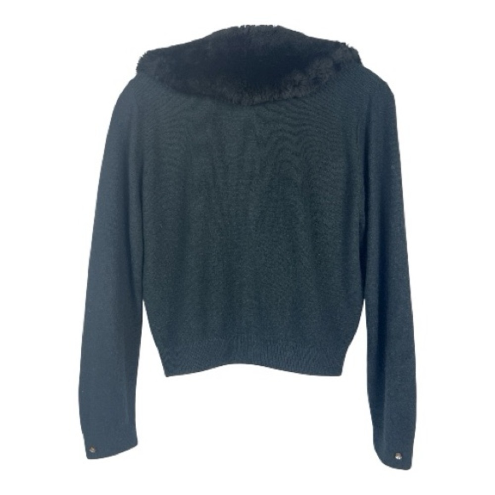 Vintage Sz S/M Black Sweater Cardigan Faux Fur Trim Rhiinestone Closure - Picture 2 of 10